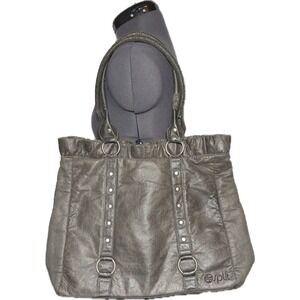Vintage Y2K Split Slouchy‎ Hobo Tote Bag Gunmetal Gray Faux Leather Studded Boho